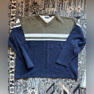 Y2K Vintage Cherokee Olive Green and Navy Blue Striped Men’s Pullover Sweater